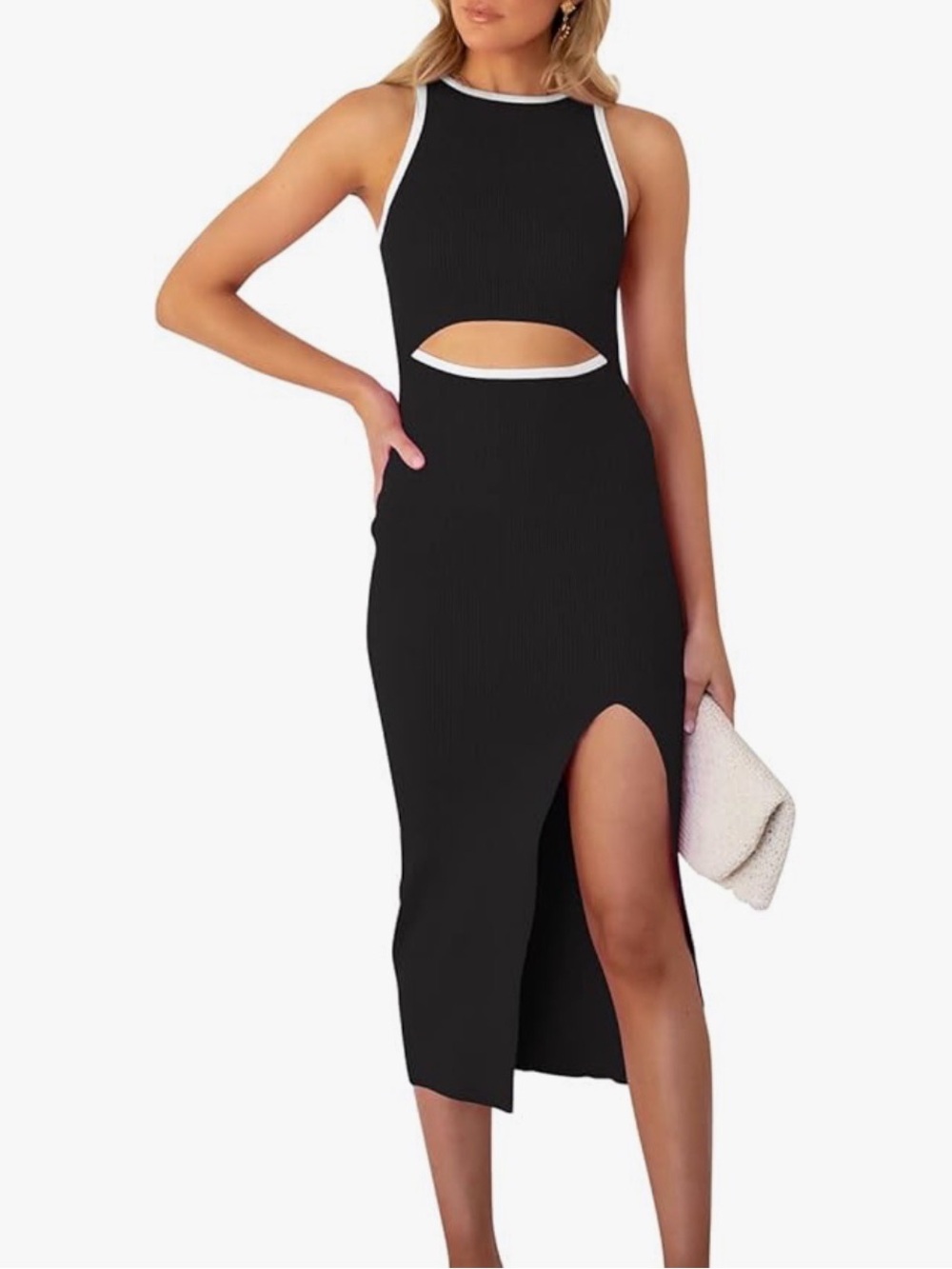 Black Cutout High-Low Midi Dress with Thigh Slit
